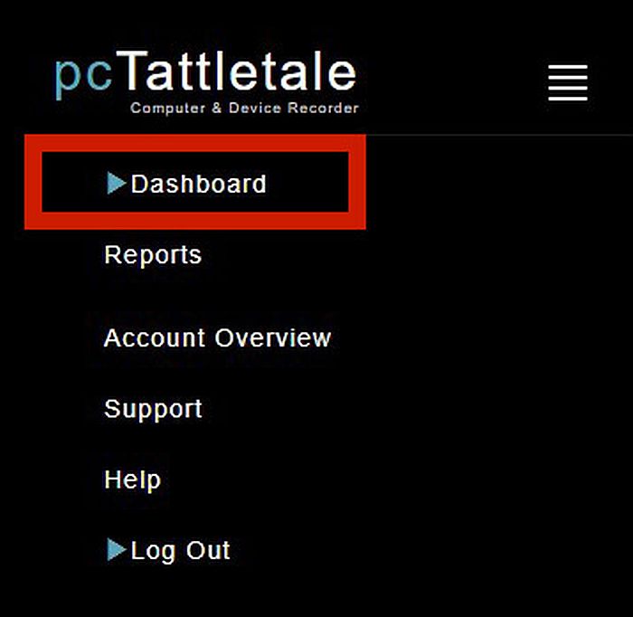 PCTattletale web platform menu with the dashboard option highlighted