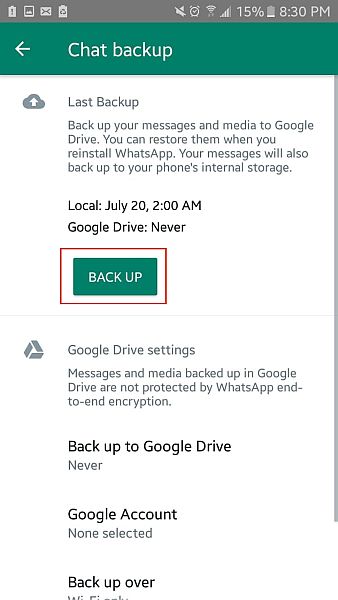 Backing up chats in whatsapp