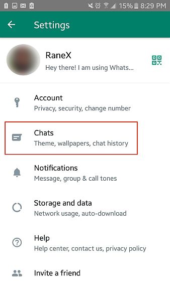 Whatsapp settings with chats option highlighted