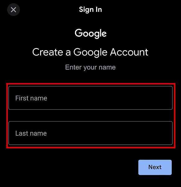 First name and last name field for the Google account to be created