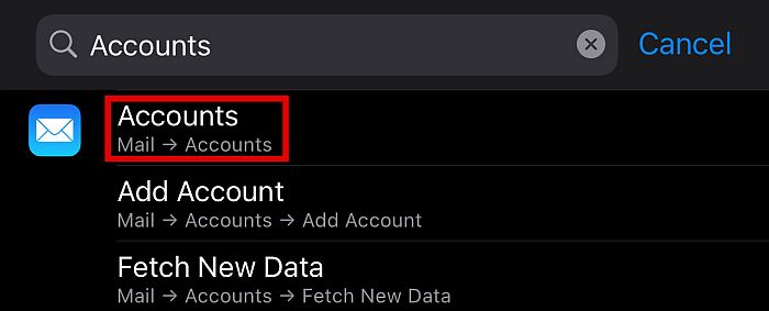 Searching for accounts in iphone settings 