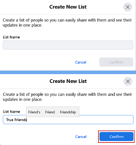 Creating a custom friends list in facebook