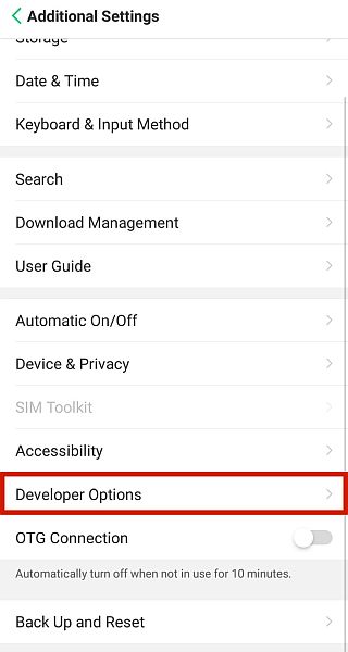 The developer options tab in about phone settings in android