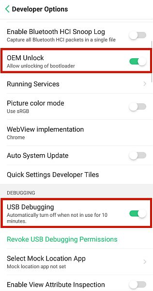 Developer options screen in android