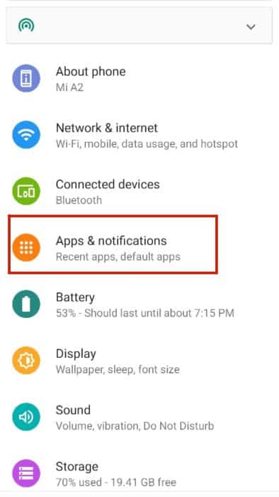 Apps and notifications option inside Android settings