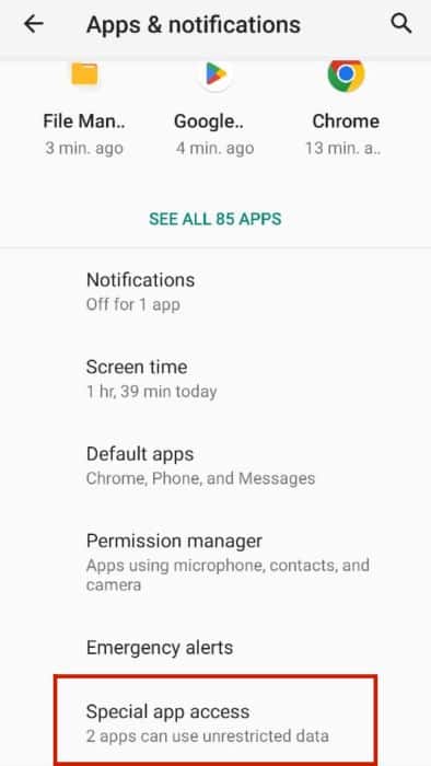 Special app access option inside apps and notifications settings