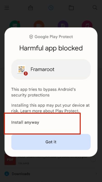 Google Play Protect security pop up with install anyway option