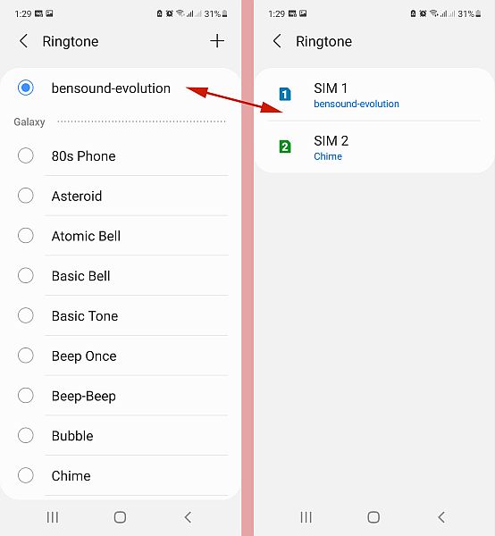 Selected sound applied as Sim 1 ringtone