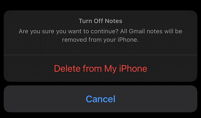 Iphone prompt when turning off notes sync with gmail