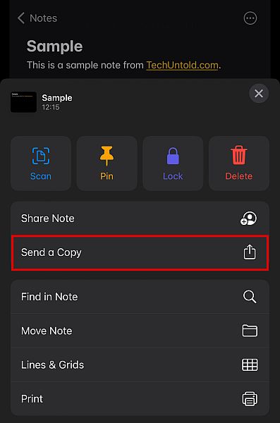 Send a copy option in iphone notes app