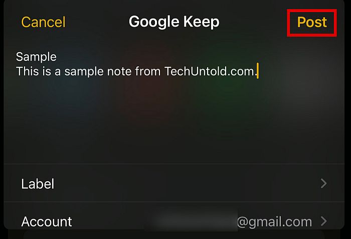 Post button in google keep for iphone