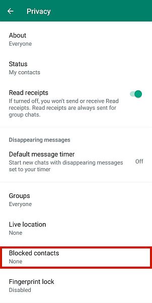 Blocked contacts option in whatsapp  privacy settings