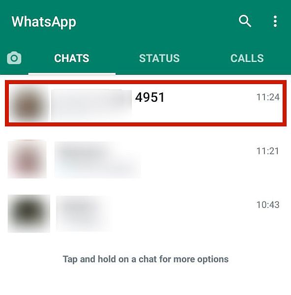 Whatsapp inbox with the unknown contact highlighted
