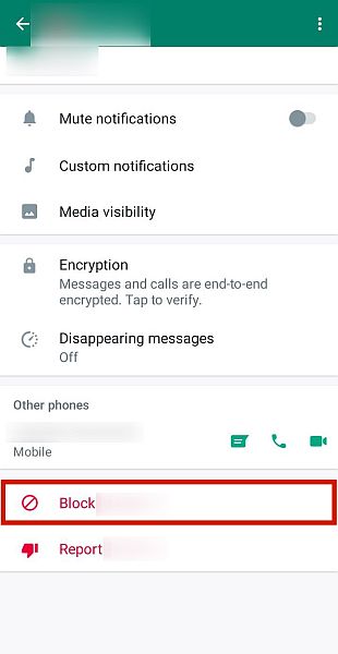 Block button option in whatsapp profile options