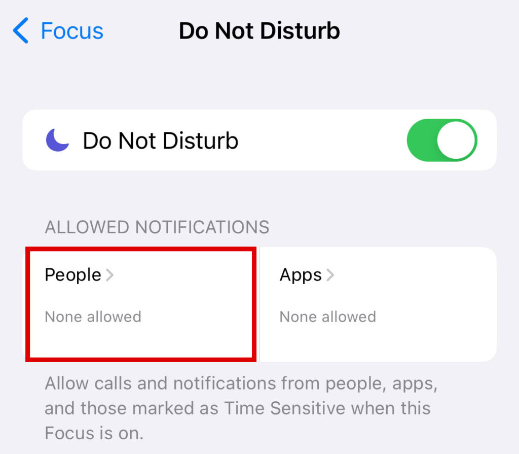 Allow notifications section in the Do Not Disturb app on an iPhone device