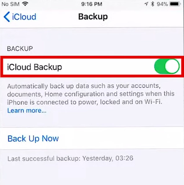 iCloud backup toggle button