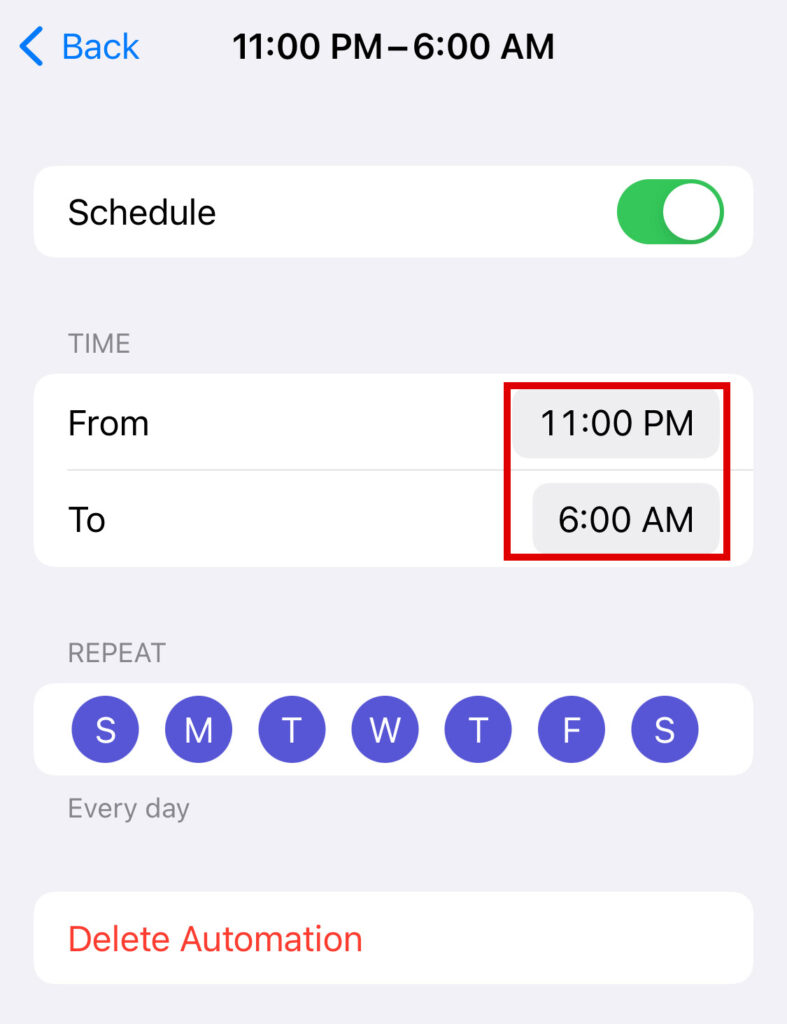 Toggle the schedule on and select the specific time to turn on automatically