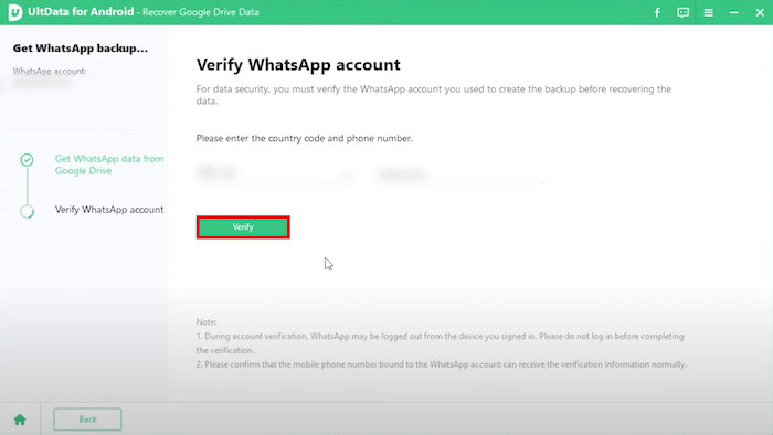 Verify WhatsApp account to continue the back-up process