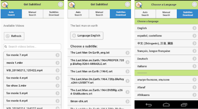 Get Subtitles app for android showing choices of subtitles to choose from