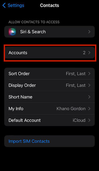 Choosing Accounts option to view all accounts inside contacts