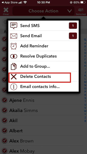 Tapping delete contacts to remove selected contacts in the list