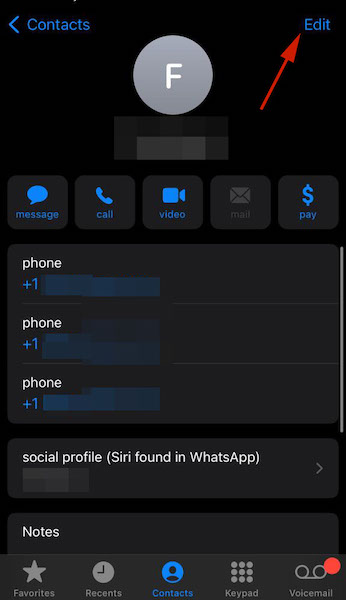 Edit option on top right corner of the Contacts list