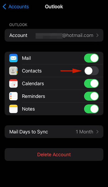 Toggle off button to stop syncing of contacts in email accounts like Outlook