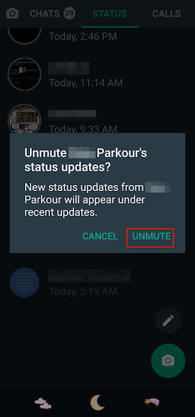 Unmute option pop-up to unmute the selected person's stories