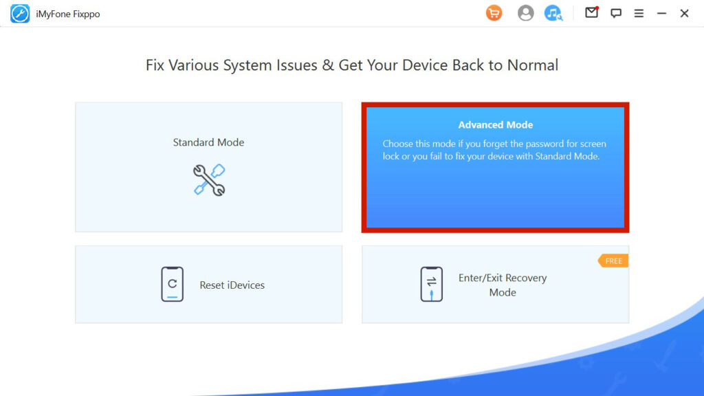 iMyFone Fixppo iOs app Advanced Mode option