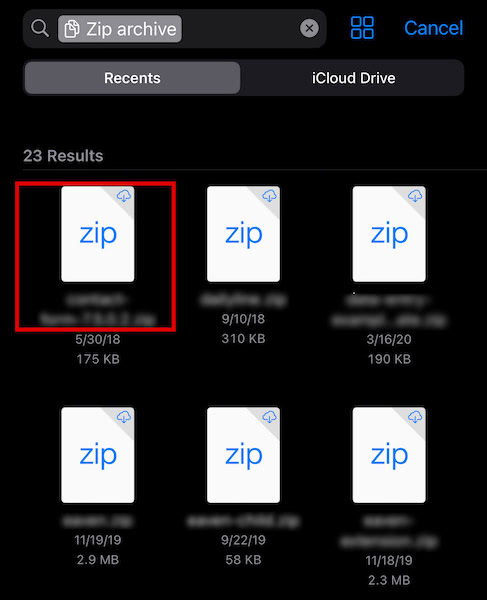Located the zip files inside the Files app in iOS
