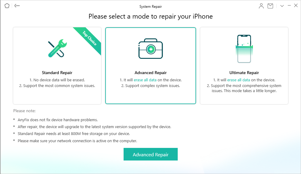 Advance repair app options from AnyFix app for iOS