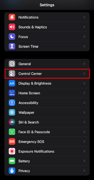 Control center section under the settings of an iPhone device