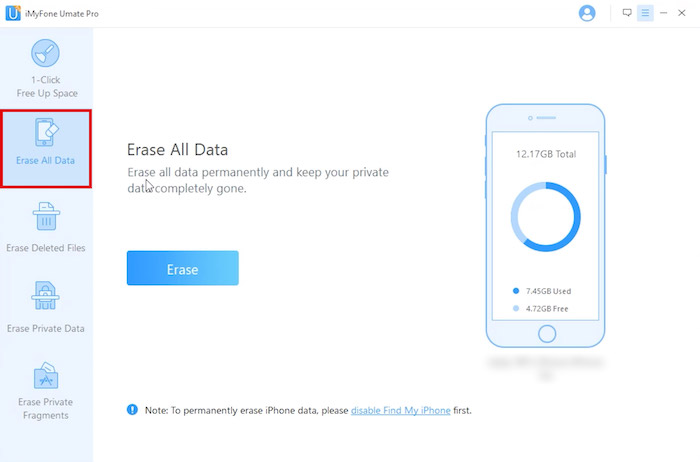 Erase all data tab in Umate Pro app