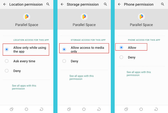 Allow Parallel Space to access location, storage, and phone contacts in your device