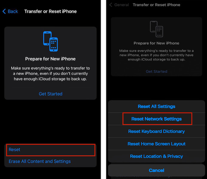 Options to reset the settings includes reset network settings in an iOS device