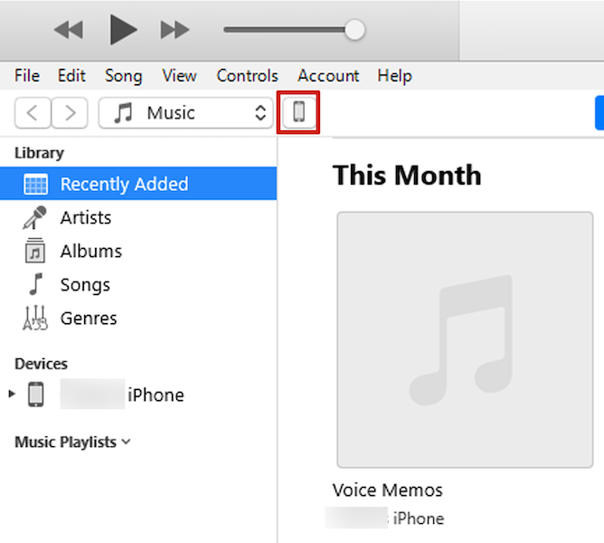 Open the iPhone device by clicking on the device icon located under the Account menu inside the iTunes app