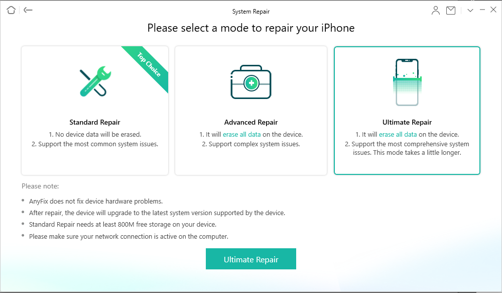 Ultimate repair option inside AnyFix app for iOS