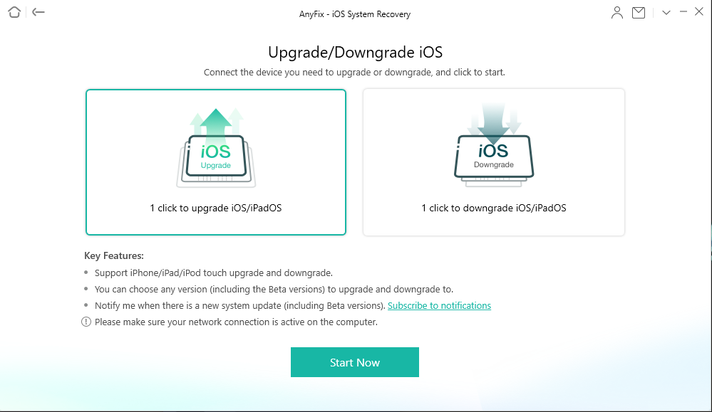 Upgrade or downgrade options in AnyFix iOS system recovery app