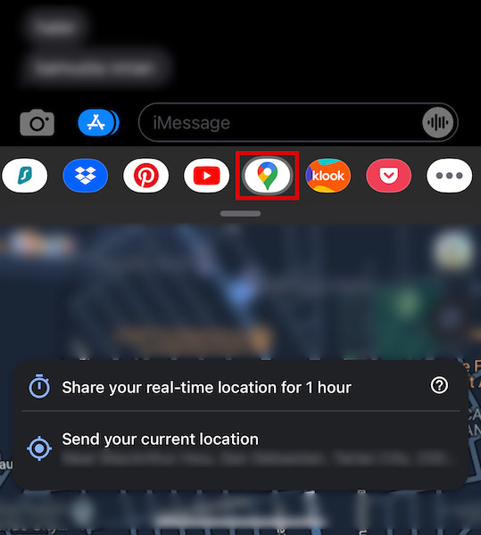 Google Maps icon to send location inside Messages app