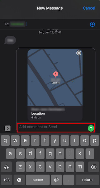 Add some text before tapping the green top-facing arrow button to send the location