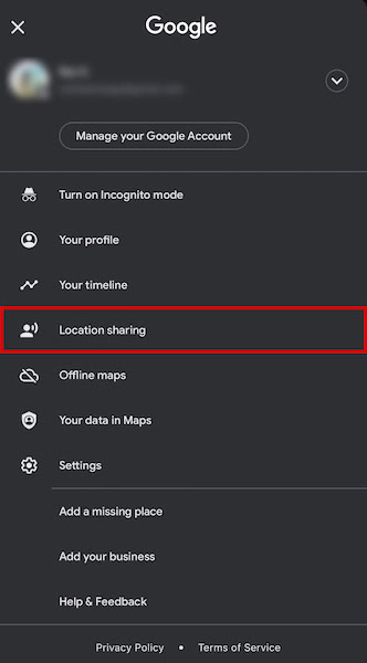 Location sharing option appear after tapping your profile button in Google Maps app