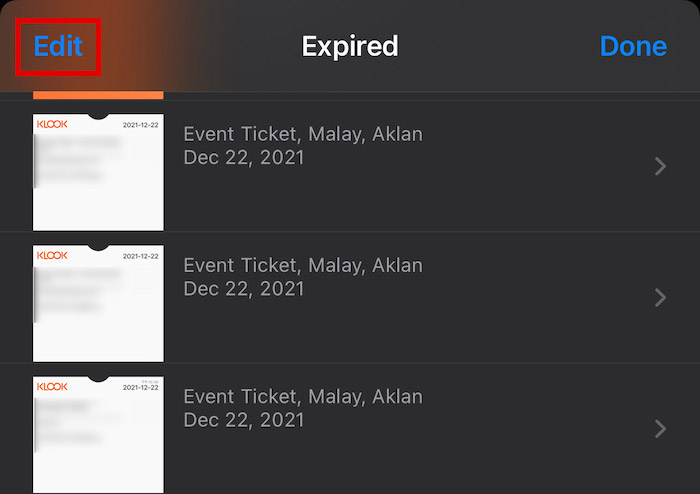 Edit button on the upper left corner of the Apple Wallet app to see all the expired passes