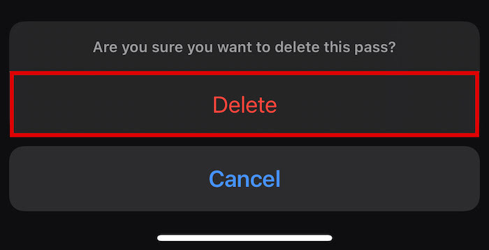 Tap delete button to confirm deletion of the selected pass