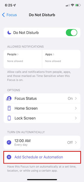 Schedule the activation of Do Not Disturb function by tapping add schedule or automation