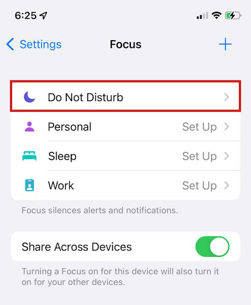 Do Not Disturb option found under Focus menu