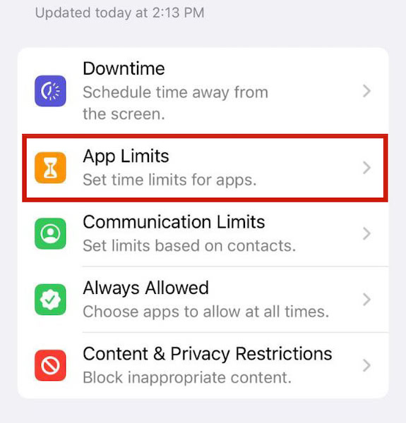 App limits option located under Screen Time settings
