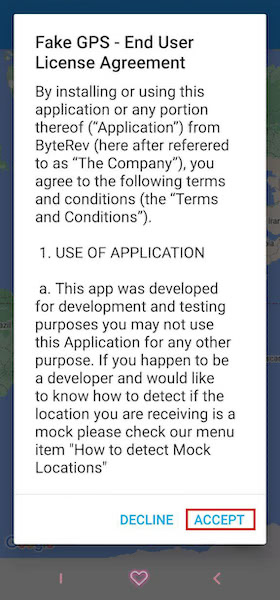 Fake GPS end user agreement popup to accept