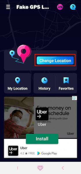Tapping Change Location to begin selecting your new fake location using the Fake GPS app