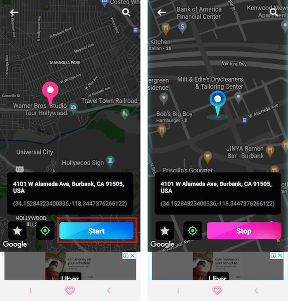 Selecting a new fake location and tapping start to begin spoofing your location