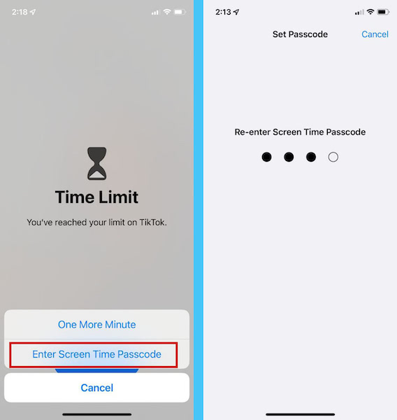 Choosing enter screen time passcode to extend app usage